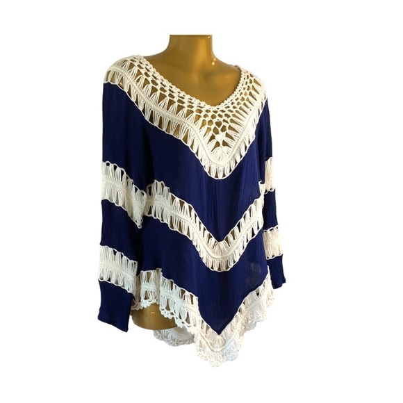 Vtg crochet knit open weave long sleeve sweater top navy cream stripe Vneck S - Picture 6 of 9
